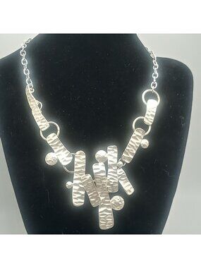Hammered Silver Tone Bib Necklace Modernist Abstract Geometric Statement Jewelry